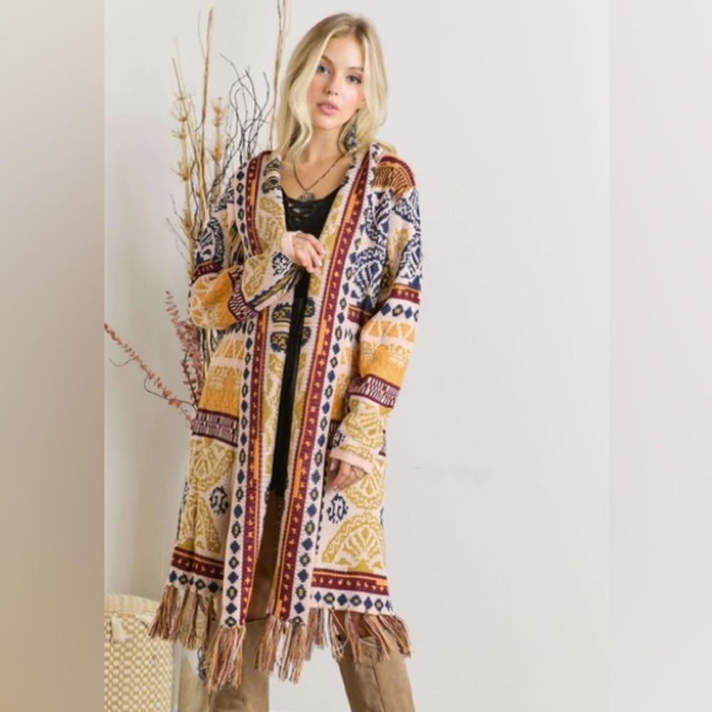 Adora Fringe Hem Cardigan Sweater Long Length Aztec Pattern Aqua Multicolor M/L‎